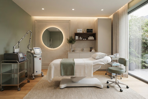 Luxury aesthetic clinic reception and lounge area in Buenos Aires, warm cream travertine walls, soft sage green accent armchair, minimalist reception counter with discreet orchid plant, warm diffused lighting, serene high-end spa architecture, photorealistic editorial photography.