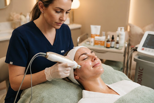 Modern high-end medical aesthetic clinic treatment room, featuring sleek advanced radiofrequency and laser aesthetic equipment, elegant minimalist treatment bed with clean white linens, soft warm ambient lighting, neutral beige and sage green tones, luxurious tranquil spa ambiance, architectural interior photography, 8k resolution, photorealistic.