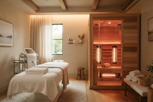 Close-up of professional aesthetician administering radiofrequency skincare treatment to patient face, clinic setting, glowing healthy skin, high-tech handheld aesthetic device, clinical spa lighting, warm beige and soft sage tones, luxury aesthetic dermatology clinic.